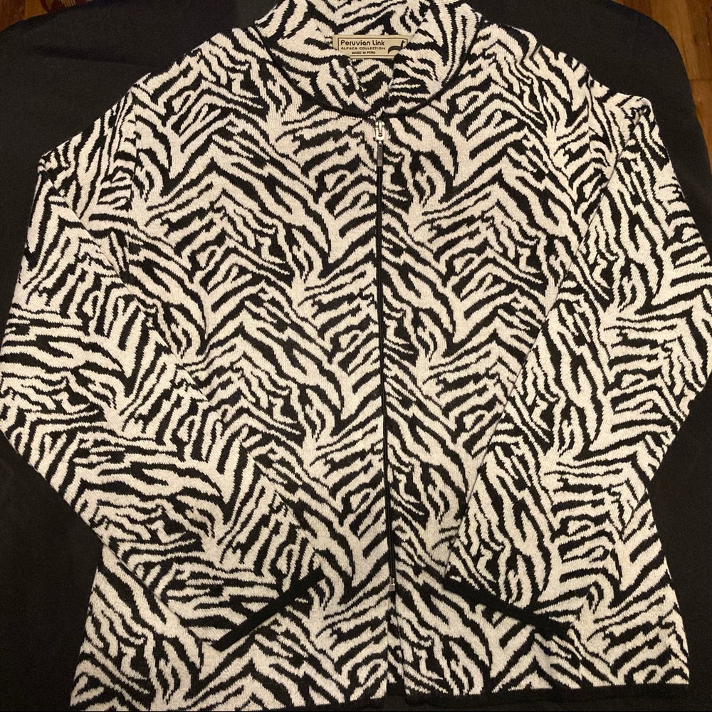 Peruvian Link Alpaca Collection Zebra Print Zip Front Sweater Size Large